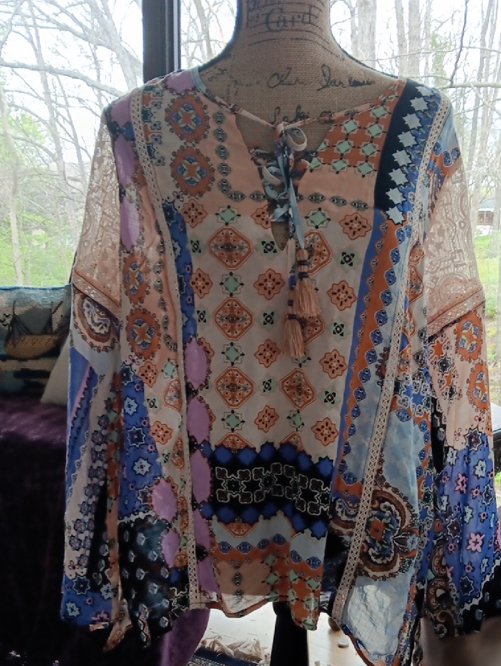 Democracy Large Multicolor Boho Tassel Blouse in Orange, Blue and Pink